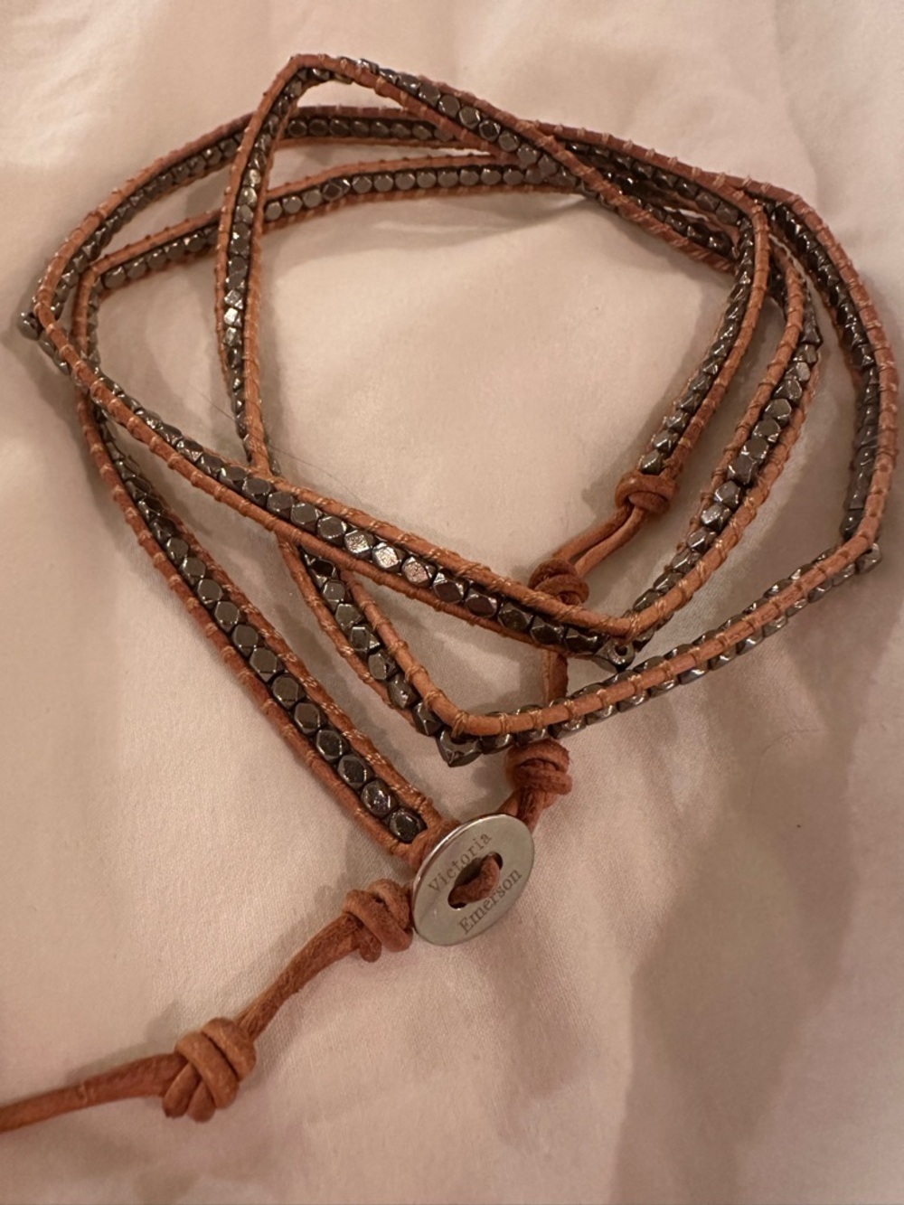 Valerie Emerson Wrap Beaded Wrap Bracelet Silver Stones on a Brown Cord